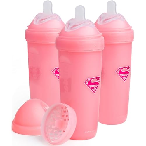 Herobility Anti-Colic Baby Bottles 12 fl oz/340ml - Pack of 3 Plastic Baby Bottles, Fast Flow Plastic Bottles, Breast-Shaped Teat for Breastfed Babies, Small Baby Bottles, Swedish Design, Supergirl