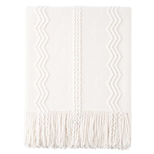 BATTILO HOME Cream Throw Blanket for Couch, Bedroom Decor Boho Throw Blanket, Decorative White Blanket Throw for Sofa Living Room, 50'x60'