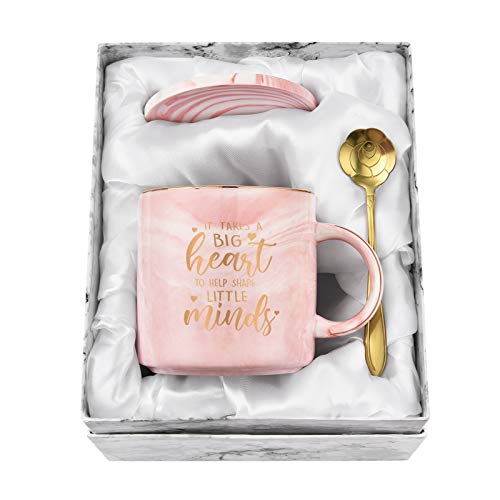 Teacher Gifts for Women Teacher Appreciation Gifts It Takes a Big Heart to Shape Little Minds Coffee Mug Teacher Coffee Mug Preschool 12 Oz Pink Marble Mug with Exquisite Box Coaster Spoon
