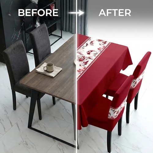 Image of Styleys Dining Chair Cover with Table Covers for Kitchen Waterproof Dining Table Cloth (1 Table Cover + 4 Chair Cover, Floral Wine, K722)