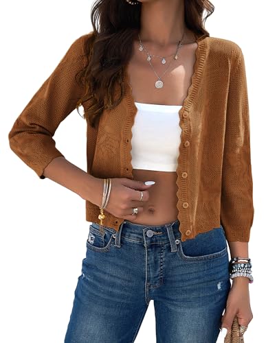 Image of Women Crop Cardigan Sweaters Lightweight 3 /4 Sleeve Button Up Crochet Shrug | Textured Bolero For Dresses Dressy Casual, V Neck, Ladies Eyelet Shawl Thin Trendy
