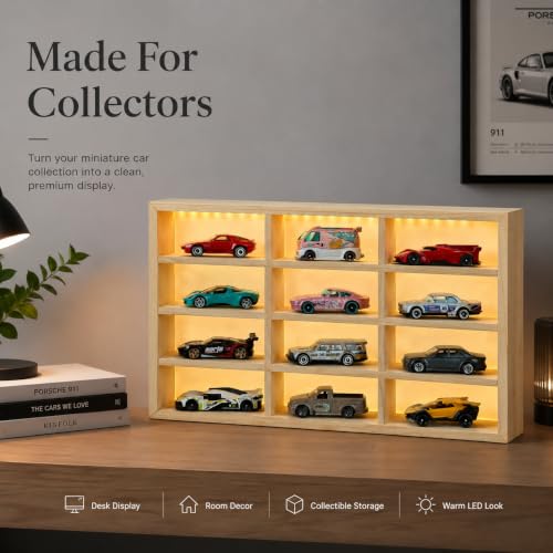 Image of FANCY THINGS Wooden Diecast Car Display Case with LED Lights - 12 Slot 1:64 Scale Model Car Organizer, Mini Vehicle Showcase Shelf for Collectors & Car Lovers, Diecast Cars Included WC