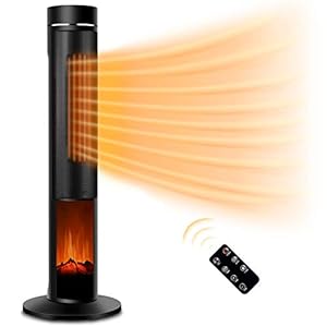 Electric Space Heater for Large Room – 36″ Ceramic Tower Space Heater for Room Heating w/Thermostat, Fast Heating, 3D Realistic Flame, Oscillating, Remote Control, Ideal for Home/Livingroom