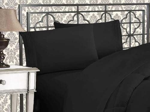 Elegant Comfort Luxurious 1500 Premium Hotel Quality Microfiber Three Line Embroidered Softest 5-Piece Bed Sheet Set, Wrinkle and Fade Resistant, Split King, Black