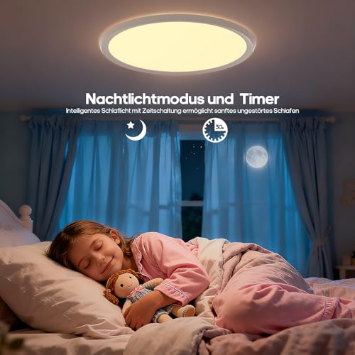 LED Deckenleuchte Flach Deckenlampe Flach Dimmbar mit Fernbedienung 3000K-6500K, 1800K Nachtlicht Amber Ceiling Lights Lampe für Schlafzimmer,Kinderzimmer,Wohnzimmer,Badezimmer (Rund - RGB)