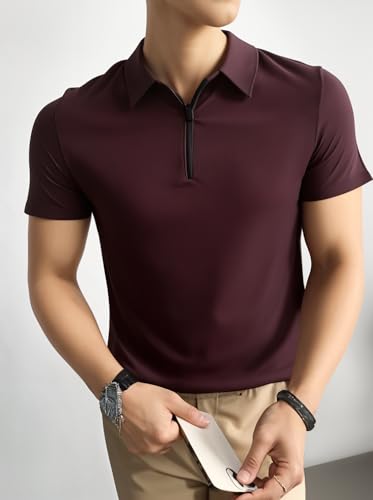 Image of Mack Jonney Ribbed |Regular Fit | Half Sleeves 100% Cotton Polo Neck Self Design with Zip T-Shirt for Men-M826