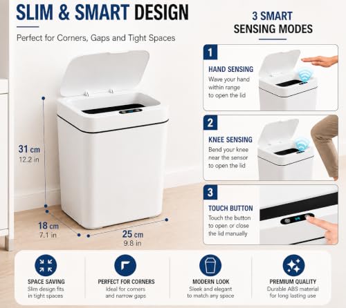 Image of Zollyss Sensor Dustbin for Home 15L Automatic Motion Touchless Smart Sensor Dustbin with Infrared Auto Open & Close Lid | Waterproof PP Trash Bin for Kitchen, Bathroom, Bedroom & Office | White