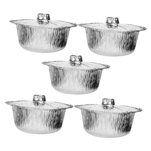 Mikikit 5-Piece Tin Foil Pot Set Aluminum Pan Camping BBQ Pan Lid Tin Foil Food Container for Outdoor Indoor Use