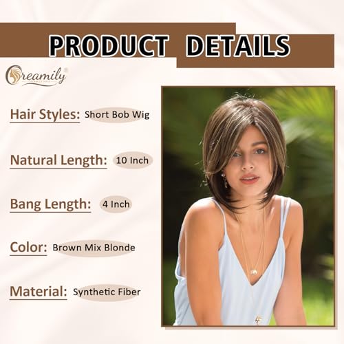 Image of Creamily Wig for Women Full Head, Short Hair Wig Brown Mix Blonde,Straight Girls Hair Wig Full Head Highlights,Natural Wigs with Bangs for Cosplay Daily Use
