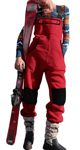 Yousify Women's Fleece Warm Overalls Winter Casual Jumpsuits Ski Bibs Snow Pants with Pockets Red L