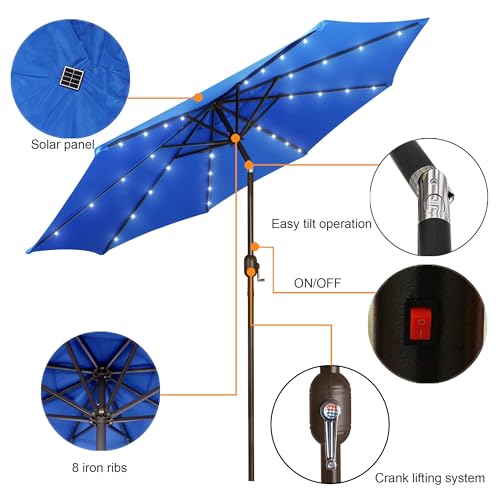 Image of Blissun 9 ft Solar Umbrella, Patio Umbrella with 32 LED Lights, Table Market Umbrella, Outdoor Umbrella for Garden, Deck, Backyard, Royal Blue