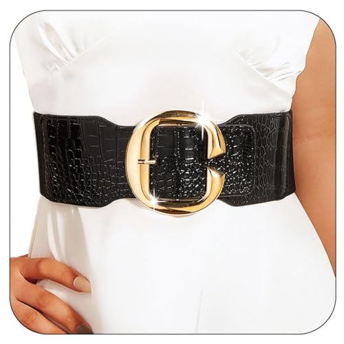 Elastic Wide Waist Belt Stretchy Ladies Belts for Dresses Gold Buckle Leather Belt for Women