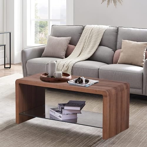 GOLDFAN Wood Coffee Table with Glass Storage Shelf, 2-Tier Rectangular Modern Table for Living Room...