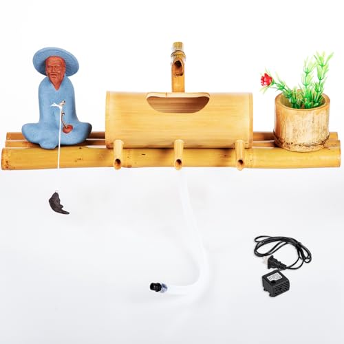 Prefdo Bamboo Water Fountain, Low-Profile Deck Fountain, Indoor Outdoor, 15.7' Wide Three-Arm Base, Natural Bamboo