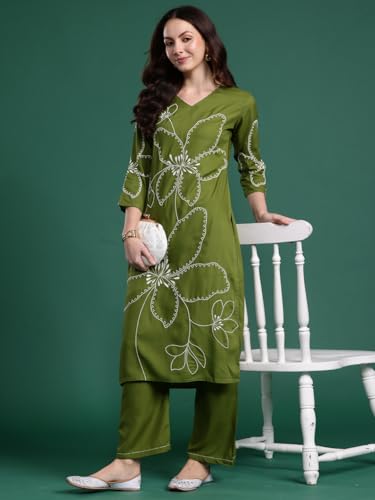 Image of INDO ERA Women's Straight Viscose Rayon Floral Embroidered Kurta & Palazzo Set (IESTR9981)