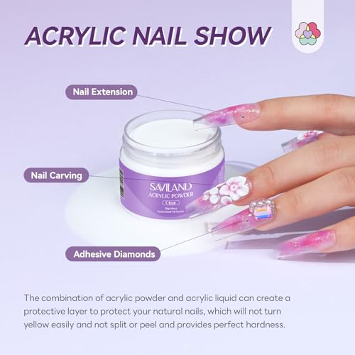Image of SAVILAND Acrylic Nail Kit Starter Set: 30g Clear Acrylic Powder and Liquid Set with Size 12 Nail Brush Forms Tools Extension Nail Kit for Beginners with Everything Home DIY Salon Manicure