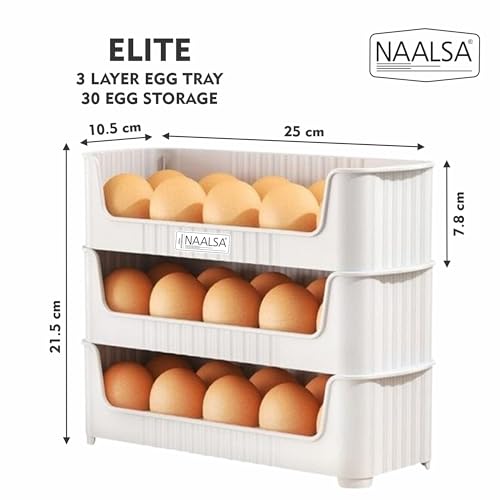 Image of NAALSA ELITE Egg Tray Set of 3 Stackable, 30 Egg Storage, 10 Slots Per Tray, Egg box Space-Saving Organizer for Fridge Side Door, Tabletop & Cabinet, BPA-Free, Durable, Detachable, Freezer Safe