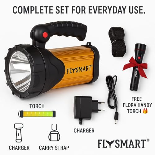 Image of Flysmart Heavy Duty LED Searchlight Long Range + Side Tube Emergency(Range Upto 1 Km.)with Multi-Functional + Blinker Rechargeable Handheld Torch(Metal 450 Watt)With Flora Ultra Durable AA Handy Torch
