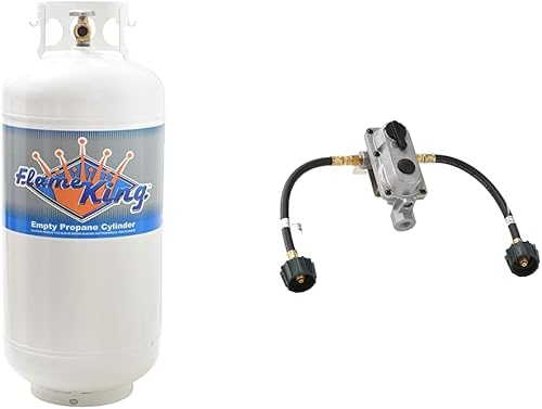 Flame King Tanque de propano de acero de 40 libras con válvula, regulador de gas propano blanco y con coletas de 12 pulgadas para RV, furgoneta,