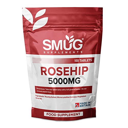 SMUG Supplements Rosehip Tablets - 100 High Strength 5000mg Pills - Powerful Extract for Immune Support, Joint Support - Contains Antioxidants - Vegan Friendly - Made in Britain