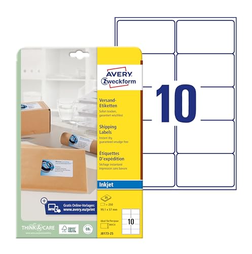 AVERY Zweckform J8173-25 Versandetiketten/Versandaufkleber (250 Etiketten, 99,1x57mm auf A4, bedruckbar, selbstklebend, für Inkjet-Drucker, für DIN B4/C4 Umschläge) 25 Blatt, weiß