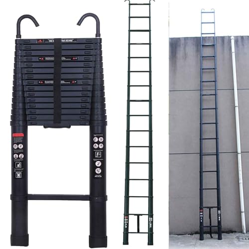 Telescopic Ladder 6.2m Aluminum Lightweight Extendable Ladder with 2 Hooks and Stabiliser Non-Slip Feet Portable Ladders with a Maximum Load of 150 kg/330 lb (Black)