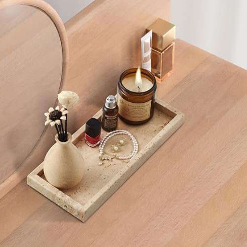 Image of Real Natural Travertine Tray for Bathroom, Vanity, Kitchen and Desktop, Rectangle Genuine Marble Stone Tray for Jewelry, Cosmetics, Candles, Lotion, Perfume and Home Decor, 12 inchx5 inch Size