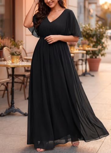 Pinup Fashion Women's Plus Size Chiffon Double V-Neck Empire Waist Ball Gowns for Evening Party Formal Maxi Dress, Black, 22 Plus
