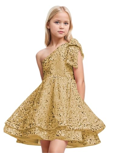 One Shoulder Flower Girl Dresses Sequin Short Pageant Dresses First Communion Dress with Bow Ball Gown
