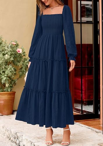 PRETTYGARDEN Fall Dresses for Women 2025 Casual Long Sleeve Smocked Ruffle Flowy Elegant Wedding Guest Maxi Dress Pockets4