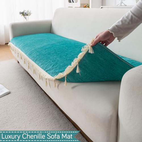 Image of HOKIPO 'Serenity Tassel' Chenille Sofa Cover 5 Seater Set with Tassels - Washable 3+1+1 Sofa Cover Mat | Ocean Teal (IN-890 * 2 + IN-892 - SBL)