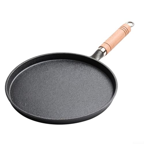 BEAZOOM Sartén de hierro fundido grueso de 26 cm, plancha plana antiadherente para panqueques y crepes, mango de madera, compatible con inducción
