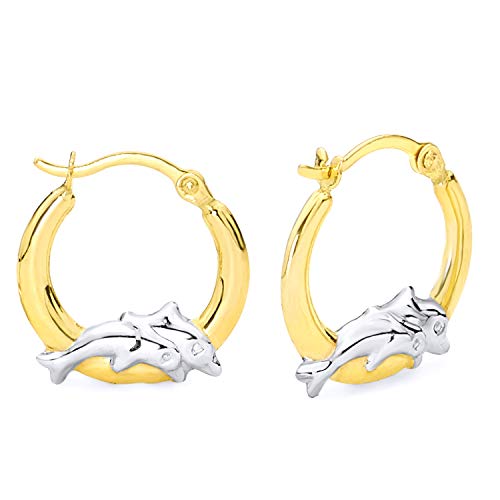 14k REAL Two Tone Gold Fancy Dolphin Hoop Earrings (13mm Diameter)