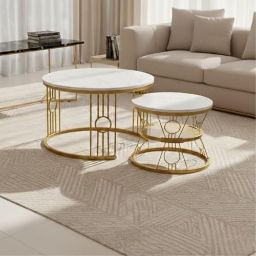 Image of Modern Nested Coffee Table Set of 2 | Round Marble Finish Tabletop with Metal Base | Luxury Center Table for Living Room, Lounge & Office (Ring White Gold)