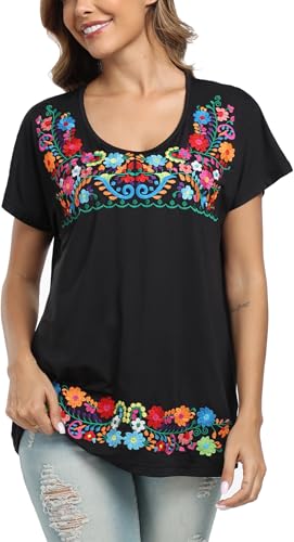 Mexican Shirts for Women Embroidered Tops Peasant Blouses Floral Traditional Summer Boho Tunic Short Sleeve Shirts3