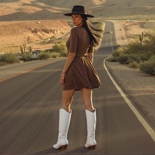 Cowgirl Boots for Women Square Toe Western Cowboy Boots Knee High Chunky Heel Pull On Tall Boots4