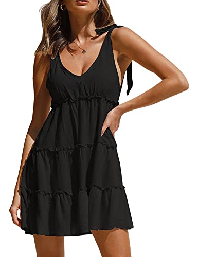 Image of AIMCOO Women's Sleeveless Tie Shoulder Tiered Frill Swing Dress V Neck High Waist Loose Dresses Solid Mini Babydoll Dress