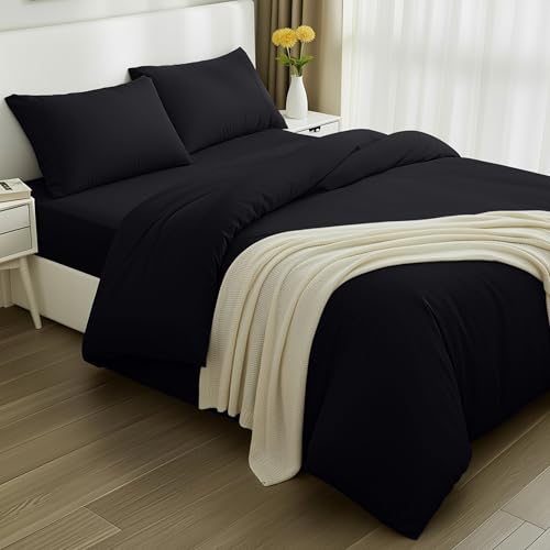 Utopia Bedding 4 Piece Double Bedding Set - Duvet Cover, Fitted Sheet with Pillow cases - Soft Brushed Microfiber (Black)
