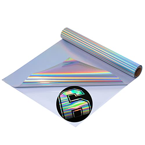 Image of Holographic Heat Transfer Vinyl Metal Silver HTV Holographic Vinyl Rolls 12Inch x 6Feet Iron On Vinyl for T-Shirts DIY Design Totes and Bags, Easy to Cut & Weed, Silhouette Cameo Heat Press Machine