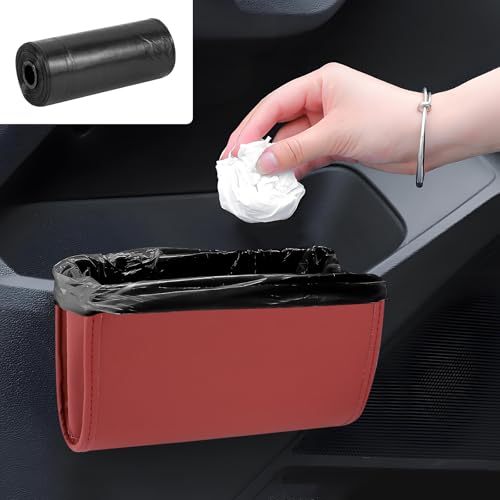 Image of Hovom Car Trash Can, Leather Waterproof Automotive Garbage Can with Trash Bag, Hanging Mini Vehicle Trash Bin, Small Auto Door Organizer Storage Pouch, Universal Car Accessories (Wine Red)