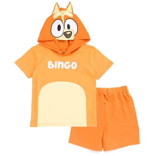 Bluey Bingo Toddler Boys Hooded Cosplay T-Shirt and French Terry Shorts Outfit Set Orange 4T