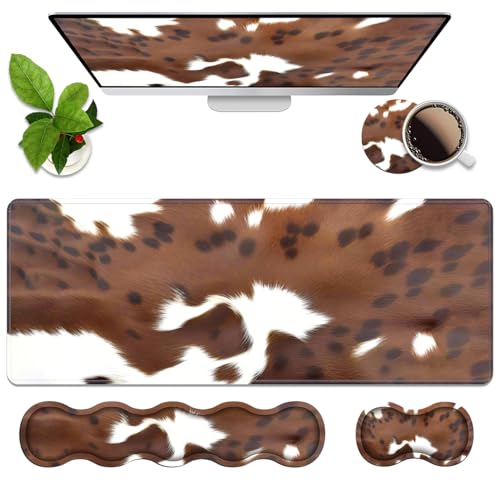 4 in 1 Ergonomic Memory Foam Mouse Pad Wrist Rest Set, Large XXL Gaming Desk Pad + Keyboard Wrist Rest + Mouse Wrist Cushion + Coaster for Home Office Study Gaming, Brown Cow Print