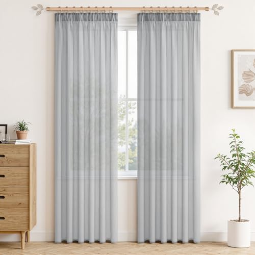 MRTREES 2 Pièces de Rideaux Voilage Gris 140x225cm Galon Fronceur Chambre Voilage Gris Voilages Intérieurs Rideaux Passe Tringle de Porte pour Salon Baie...