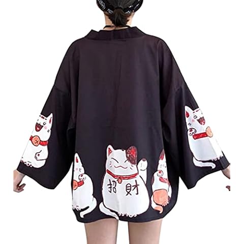 LAI MENG FIVE CATS Women's Lucky Cat Cardigan Kimono Loose Cover up Casual Blouse Cute Tops Cover
