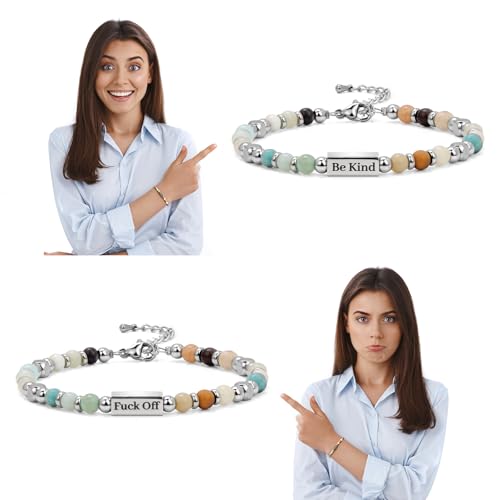 Raicegs Be Kind Off Bracelet for Women Gemstone Beaded Bracelets Silver Bracelets for Women Boho Bracelets Stainless Steel Crystal Hidden Message Jewelry for Women2