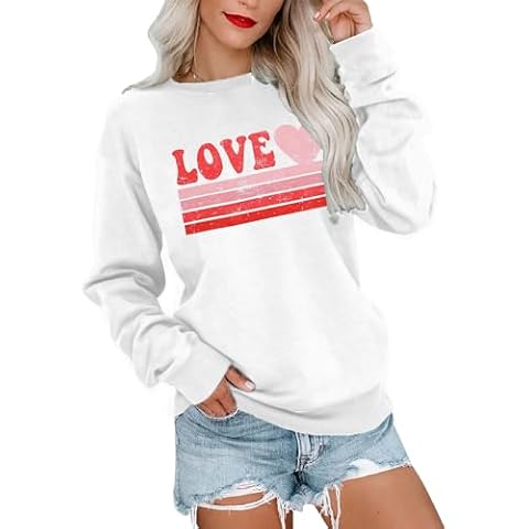 LUKYCILD Valentines Day Love Heart Shirt: Women Casual Crewneck Sweatshirts Funny Love Graphic Tee Long Sleeve Pullover Tops White Cover