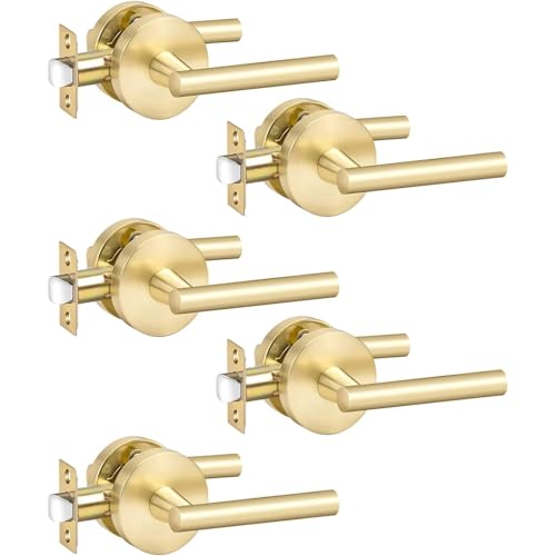 Image of Goldenwarm 5 Pack Gold Passage Door Handles, Closet Door Lever Brushed Gold Interior Door Handle for Hall and Closet, Zinc-Alloy Heavy Duty DoorHandles Reversible(no Lock)