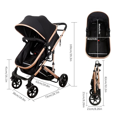 3-in-1 Baby Pram & Stroller with Bassinet | High Landscape Luxury Travel Pram for Newborn to Toddler | 50kg Capacity & Spring Shock Absorption | One-Hand Fold, 5-Point Harness | Includes Mosquito Net & Cup Holder (Black) - Image 3