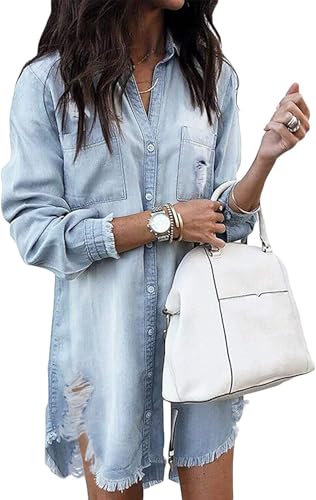 Image of Zilcremo Women Denim Dress Long Sleeve Button Down Jean Shirt | Chambray Casual Tunic Top,Distressed,Fringe Hem,Loose Fit,Mini Length,Country Concert Outfits,Daily Wear,for Spring and Fall