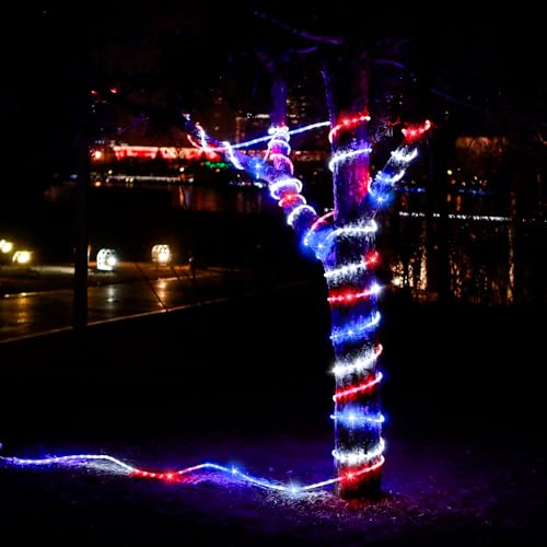 DINGFU 50ft 360 LED Waterproof Rope Lights 110V Connectable Indoor Outdoor Led Rope Lights for Deck Patio Pool Camping Bedroom Decor Landscape Lighting and More (RED+White+Blue)